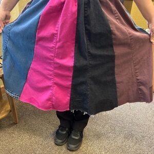 Colorblock Panel Denim Skirt in Magenta, Blue, Black & Brown